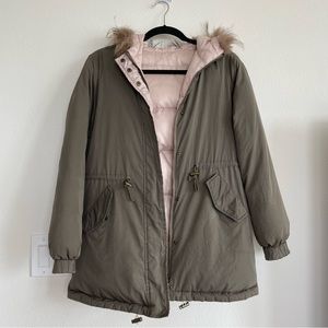 Reversible Down Filled Army Green Nude Pink Removable Fur Trim Puffer Jacket